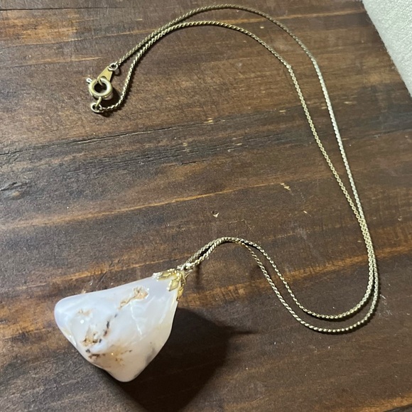 Gemstone Jewelry - Flower Agate Smooth Stone Pendant on Delicate Gold Chain